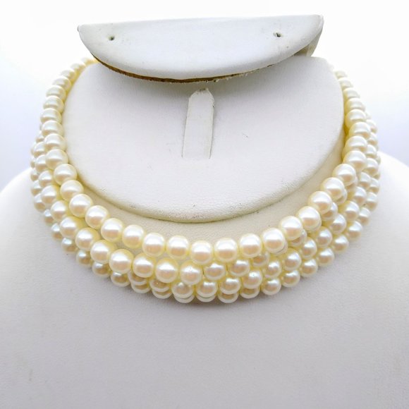 Vintage Four Strand Faux Pearl Choker, Classic Estate Minimalist Necklace - Picture 1 of 3